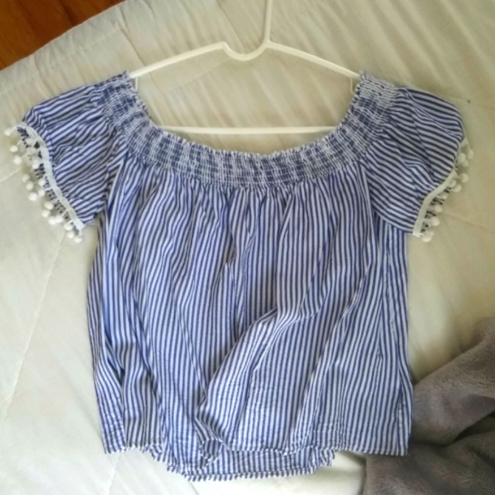 Blue & White Striped Shortsleeve Blouse w/ Pompoms